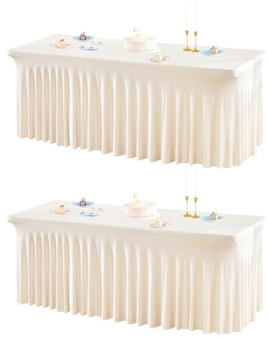 2 Packs Ivory Spandex Tableclothes for 6 Foot Rectangle Tables, Wrinkle Free 6ft Fitted Table Cover Stretch Table Cloth Desk Skirt for Weddings Baby Shower Birthday Party Banquet Decorations