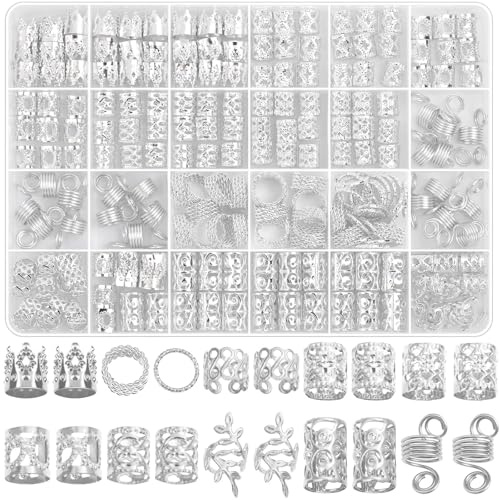Lucomb 220 Pcs Silver Hair Jewelry for Braids, Loc Jewelry for Hairs Dreadlock, Hairs Charms for Women, Metal Braid Rings Cuffs Clips for Dreadlock Accessories Hair Braids Accessories Decorations