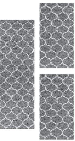 Carpetsale24 Bettumrandung Schlafzimmer 3 teilig Shaggy Hochflor Teppich Grau Bettvorleger Schlafzimmer Bettset: 2 St. 60x110 cm | 1 St. 80x150 cm - Flauschiger Teppich Läufer Set Skandinavisch