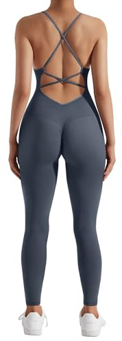 RXRXCOCO Tuta a spalline sottili a coste da donna aderente senza schiena imbottita overall modellante yoga sport tutina intera romper body, # 2 blu., L