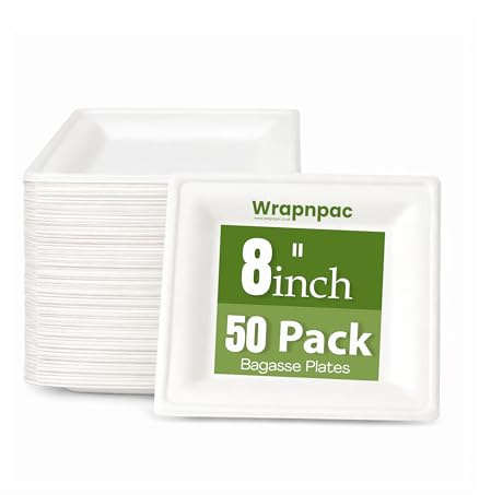 Wrap n Pac 8 inch Round Disposable Biodegradable Bagasse Sugarcane Wedding Party Plates Eco Friendly Tableware Plates (8 Inch - Pack of 50)