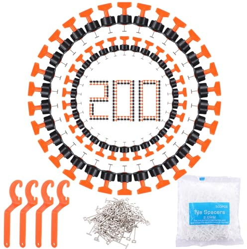 AHAQU Tile Leveling System, 200PCS Reusable Tile Leveler Spacers with 4 Special Wrench, 100PCS T Needle and 500PCS 2mm Tiles Spacers, Tiles Installation Tool Kit for Building Walls and Floors