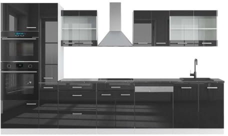 Vicco Küchenzeile R-Line, Anthrazit Hochglanz/Weiß, 350 cm | 9 Module · Höhenverstellbare Füße · AP Anthrazit inkl. · Robuste Fronten · Mit Backofen-/Mikrowellenschrank
