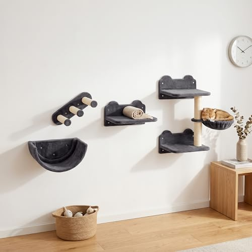 PawHut Cat Wall Furniture 4 PCS Set for Indoor Kittens, Dark Grey | Kitty Climbing Shelves Set, Wall Mounted Cat Tree, Scratching Post, Hammock, Steps, Perches, Sleeping Playing Space Saving