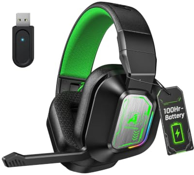 Awinnasey PH4 Casque de jeu sans fil avec microphone, mode jeu/musique, casque de jeu Bluetooth 2,4 GHz pour PS5/PS4/PC/Switch, faible latence, LED, son sans perte, suppression du bruit, noir et vert