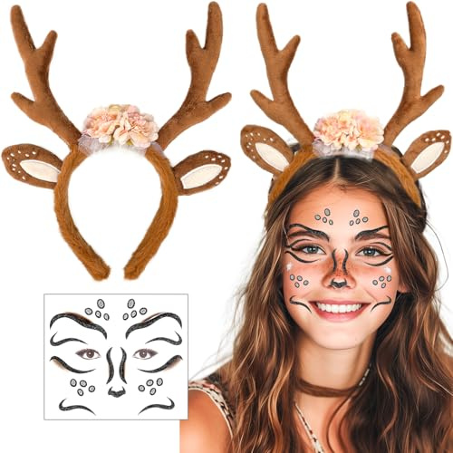 iZoeL Karneval Kostüm Damen Mädchen, Haarreif Reh Geweih Hörner mit Blumen + Reh Gesichtstattoo, Damen Kinder Reh kostüm Kopfschmuck Haarreifen Fasching Mottoparty Karneval