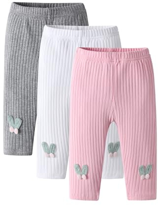Derouetkia Baby Girl Leggings Solid Colour Cute Pants 3Pcs, Grey+White+Pink, 6-9 Months