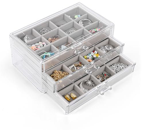 Euakee Schmuck Organizer Schublade, Acrylic Schmuckkästchen mit 3 Schubladen, Schmucktablett Stapelbar, Klarer Acryl Schmuckkasten, Grey Schmucktablett Samt für Halsketten Armbänder Ringe Ohrring