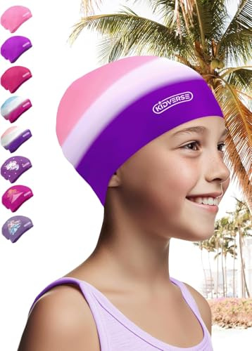 KIDVERSE Badekappe Kinder Lange Haare - Schwimmhaube Kinder mit Anti-Rutsch-Noppen - Badekappen für Schwimmer mit UV Schutz - Badehauben für Lange & voluminöse Haare
