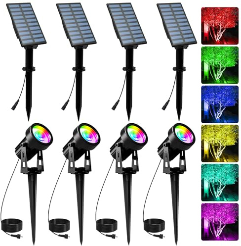 T-SUNUS Solar Gartenleuchte mehrfarbig, Gartenstrahler Solar RGB mit 6 Farbwechsel IP65 Wasserdicht Solarlampen für Außen Garten Baum Weg 4 Stück