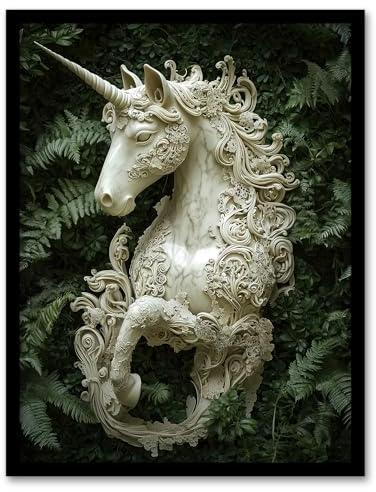 Artery8 Filigree Marble Unicorn Statue Fern Frond Leaves Living Room Artwork Framed Wall Art Print A4