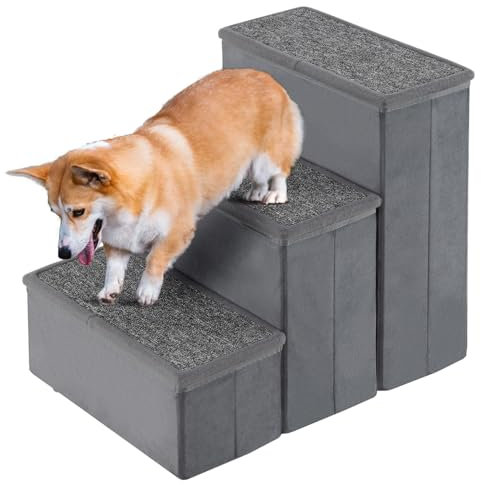 GOPLUS Hundetreppe, Haustiertreppe mit Aufbewahrungsfach, Hunderampe für ältere Hunde & kleine Hunde und Katzen, klappbare Katzentreppe für Bett und Sofa, Grau (3 Stufe)