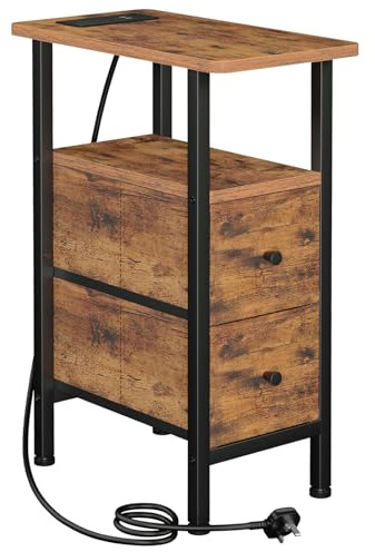 AMHANCIBLE Slim Bedside Table with Charging Station, Narrow Side Table with 2 Fabric Drawers, Small End Table with Open Storage Shelf, Nightstand for Small Spaces, Living Room, Brown UHETNDP02PBR-1