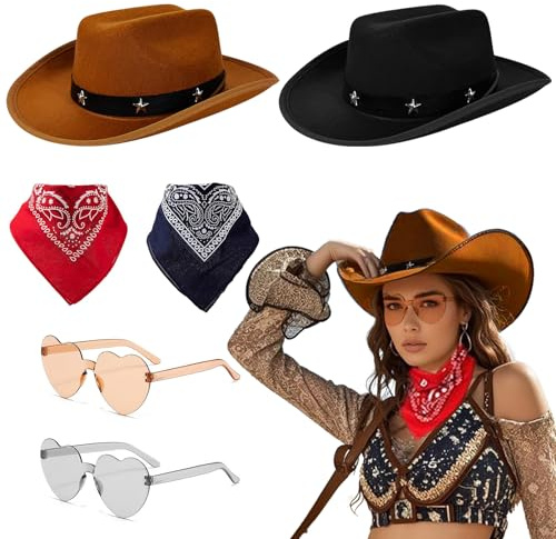 Hlayshing 6Pcs Cowboy Hat Fancy Dress Accessory, Cowgirl Hat,Cowboy Costume Set with Paisley Bandanna and Glasses,Costume Accessories for Men, Women, Halloween,Adults Wild West Fancy Dress Party