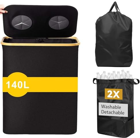 Deposit Bottle Collector Bins with Dual Lid, 140L Recycling Bin for Kitchen Home, Storage Empty Bottle Collector with 2 Carrying Bags, Home Kitchen Reusable Bottle Recycling Container,Black-57*37*67cm