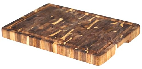Utoplike Akazienholz-Schneidebrett (43x30,5x3,5cm), Küchen-Schneidebretter | Mit Stirnholzstruktur, einseitiger Saftrinne und Griffen