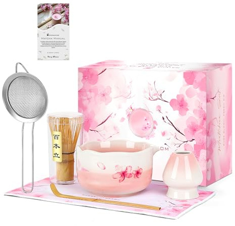 7PCS Matcha Whisk Set, Sakura Cherry Bloosm Matcha Kit Gift for Women Birthdays Mom Girls Kids and Matcha Tea Lover, with Bamboo Whisk, Holder, Bowl, Scoop, Sifter, Towel, and Elegant box