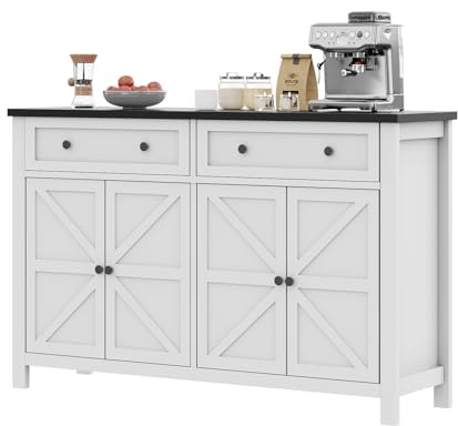 Cakhdry 55 Sideboard Buffet Cabinet with Storage, Large Kitchen Storage Cabinet with 2 Drawers and 4 Barn Doors, Farmhouse Coffee Bar Buffet Table for Kitchen Living Room Room, White