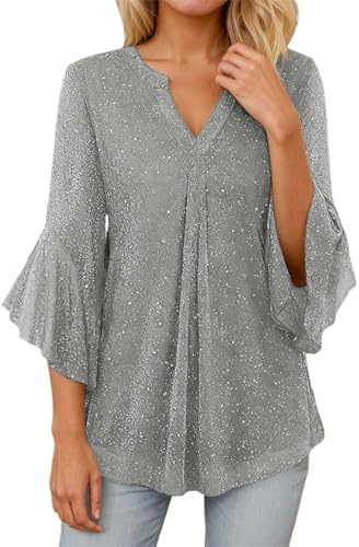 Generisch Chemisier à paillettes pour femme - Tenue du Nouvel An - Jupe à paillettes - Col en V - Tunique - Blouses festives - Pour mariage, fête, carnaval - T-shirt à manches longues - Haut à