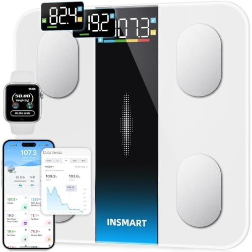 INSMART Intelligente Waage für Körpergewicht und Fettanteil, Bluetooth, genaue Waage mit großem Display, 16 Körperzusammensetzung, Waage, Synchronisation mit App, Weiß