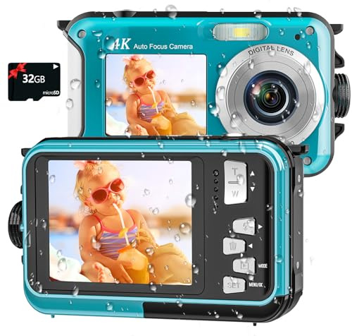 Unterwasserkamera, Yixinxin Digitalkamera wasserdichte UHD 4K 64MP Autofocus mit Einer 32GB Karte Selfie Doppelte Bildschirme wasserdichte Kamera zum Schnorcheln