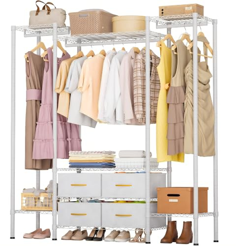 Himimi Kleiderständer mit 4 Schubladen,Schwerlast 154x40x180 cm Metall | Offener Kleiderschrank mit Höhenverstellbaren Ablage,3 Kleiderstangen Garderobenständer Stabil für Schlafzimmer Weiß