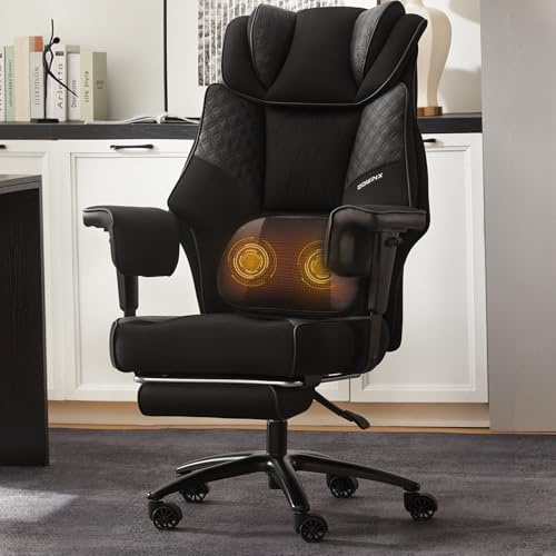 Dowinx XXL Bürostuhl mit Massage-Lendenkissen & Extra-Dicker Sitzpolsterung,Chefsessel mit Atmungsaktivem Mesh & Verstellbaren Armlehnen, Ergonomischer Schreibtischstuhl mit Fußstütze,Schwarz
