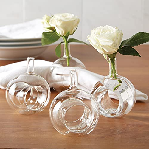 Sitting Pretty Set of 4 Glass Bud Vase Napkin Rings in Gift Box – Hand-Blown Clear Glass Table Décor – 2 x 2 x 3.5 – Elegant Floral Place Setting Accent