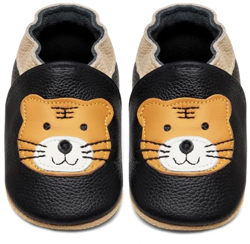 IceUnicorn Krabbelschuhe Baby Lauflernschuhe Jungen Mädchen Weicher Leder Babyhausschuhe Kleinkind Rutschfeste Lederschuhe Baby(Schwarzer Tiger, 12-18 Monate)