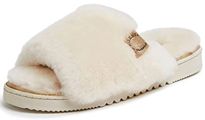 Dearfoams womens Fireside Genuine Shearling Slide With Metallic Suede Trim Slipper, Natural, 9 US