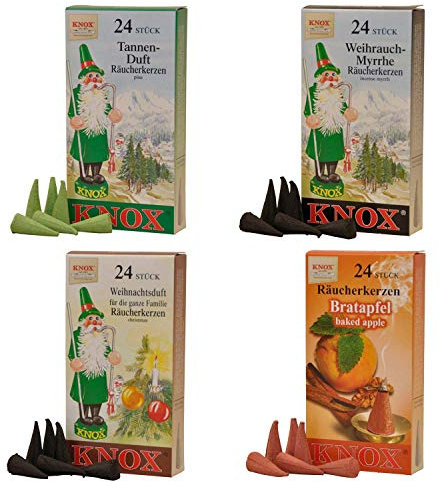 Knox 078750 - Räucherkerzen-Set Klassik, 4 Packungen mit je 24 Räucherkerzen, Tanne, Weihnrauch-Myrrhe, Weihnachtsduft, Bratapfel, Weihnachten, Duftkegel
