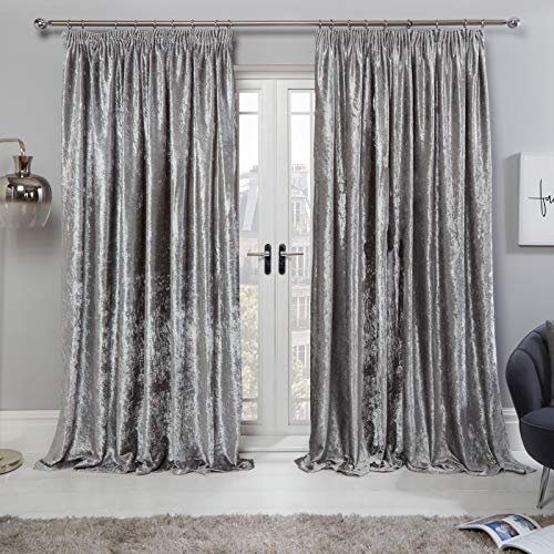 Sienna Crushed Velvet Curtains Pencil Pleat Pair of Fully Lined Tape Top Thermal Panels, Silver Grey - 66 x 90