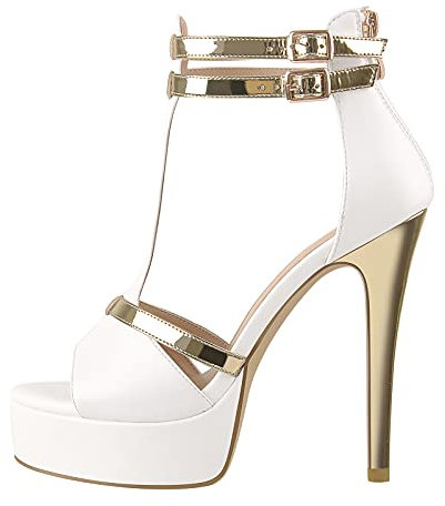 Only maker Plateau Sandaletten mit godig farbigen Absatz Pfennigabsatz Riemchensandalen Abendschuhe Weiß Gold EU 38