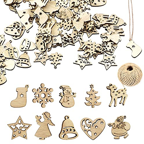 Niaciswe Mini Christbaumanhänger 200 Stücke Christbaumschmuck Anhänger Weihnachtsbaum Anhänger Streudeko Holz Baumschmuck Deko Anhänger für Zweige Weihnachtsdeko ​zum Aufhängen(Stil Gemischt)