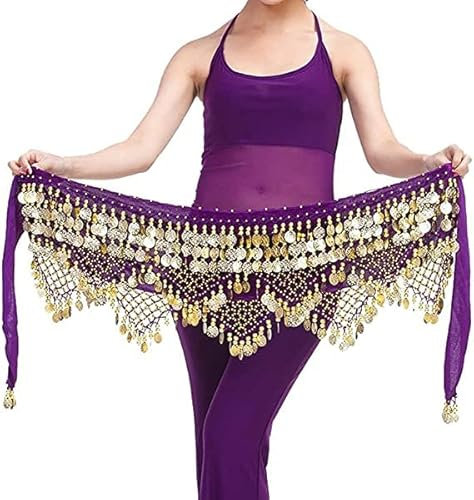 Women Triangle Belly Dance Hip Belt with Gold Coins Dance Costume Wrap Skirts (Purple)