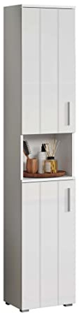 trendteam smart living - Wons - Armario Alto - Blanco/Blanco Brillante - 1 Compartimento Abierto y 2 estantes - 37 x 192 x 31 cm - Armario de baño Moderno con Estante - Resistente a los arañazos