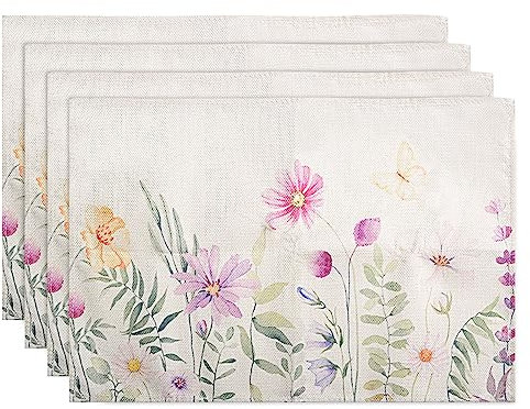 Platzsets 4er Set, Baumwollstoff Blumen Schmetterling Sommer Platzsets Urlaub Dekorative Tischsets Waschbar Platzdeckchen Küche Esszimmer Camping Party Deko 30x45cm