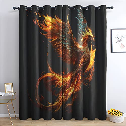 THYUNQ Vorhänge Phönix Motiv, Vorhang Blickdicht Verdunklungsvorhänge mit Ösen - Gardinen Wohnzimmer Schlafzimmer Fenster, 2er Set Curtains, H 160 x B 140 cm