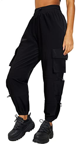 DLOODA Quick Dry Cargo Pants Lightweight Tactical Hiking Pants with 6 Pockets for Women, Elastic Waist and Water-Resistant Black