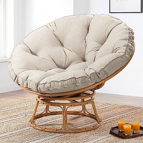 MeetLeisure 41 Papasan Chair with Cushion and 360 Degree Swivel Base, Papasan Lounge Chair with Cushion and Sturdy Frame, Large Saucer Chair, Circle Chair, Round Chair, Bronze/Beige
