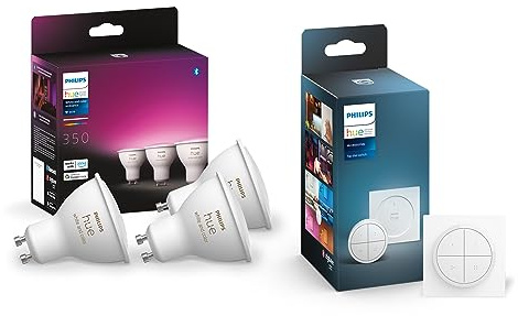 Philips Hue White & Color Ambiance GU10 3-er Pack inkl. Hue Tap Dial Schalter, 3x350lm, dimmbar, bis zu 16 Mio. Farben, steuerbar via App, kompatibel mit Amazon Alexa (Echo, Echo Dot)
