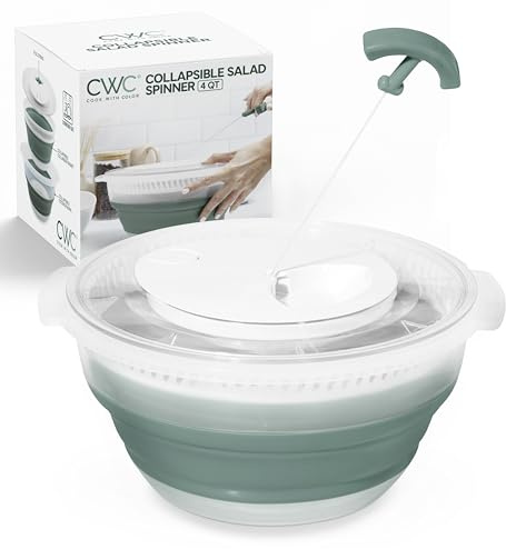 COOK WITH COLOR Collapsible Salad Spinner - 4 QT Space Saving Lettuce Dryer with Folding Collapsible Colander Great for Washing and Drying Fruit and Vegetables (Sage)