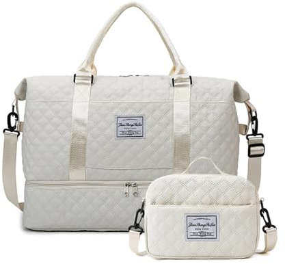 Balakaka Reisetasche Damen 42L mit Kleine Kosmetiktasche 2.8L, Groß Wasserdicht Weekender Bag Handgepäck Tasche mit Schuhfach & Nassfach für Flugzeug Reisen Gym, Beige