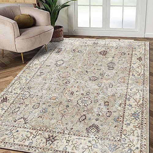 bamyum Monty Bedruckter Teppich Chenille-Druck Maschinell Hergestellt 200 x 300 cm, Waschbarer Wohnzimmer Vintage Schlafzimmer, Antibakteriell Antirutschunterlage Küchenteppich Beige