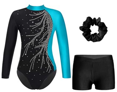 FEESHOW Mädchen Kinder Turnanzug Mit Hose Langarm Turntrikot Gymnastik Body Gymnastik Shorts Und Haargummi Ballett Tanzoutfit