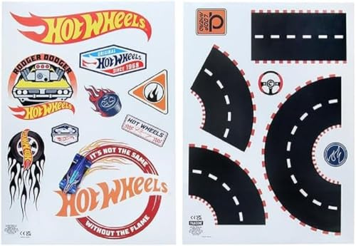 Paladone Hot Wheels Personalisierte Kinderzimmer Wandaufkleber - Offiziell lizenziert, Spielzimmer Dekorationen, enthält Speedway Straßen, Autos, Rennflaggen, Buchstaben & Schilder