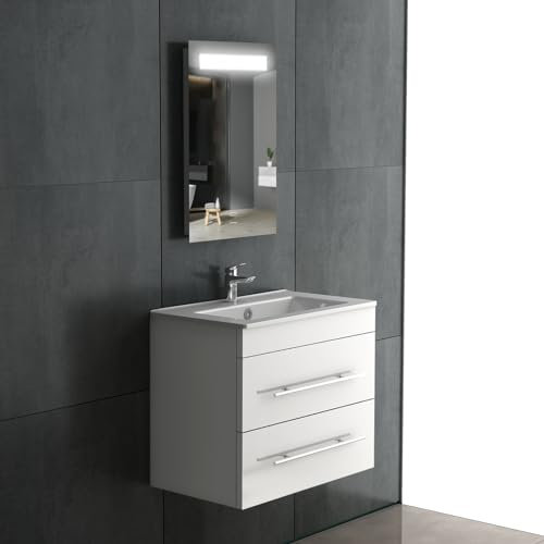 Alpenberger Gäste WC Waschbecken mit Unterschrank und Badezimmerspiegel mit Beleuchtung | Waschtisch mit Bad Spiegel mit Licht | Waschbeckenunterschrank 60 cm | Badunterschrank Weiß