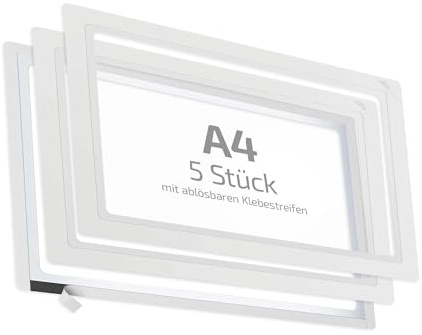 spLEAN 5 Stück Dokumentenhalter klebend mehrfach ablösbar DIN A4, Rahmen, weiß, Aushang aus stabiler Vinyl-Hartfolie Stärke 0,70 mm, Made in Germany