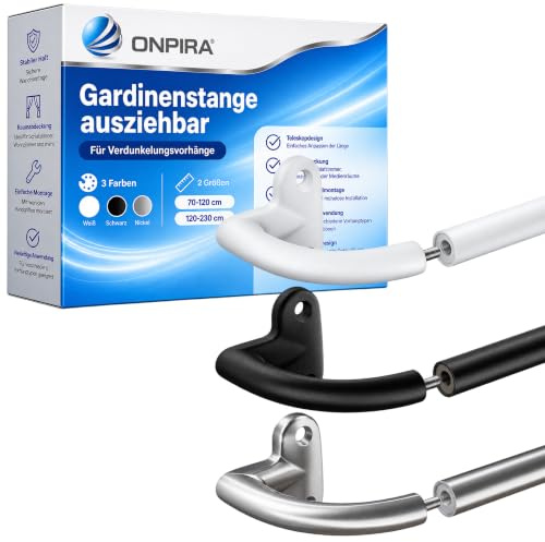 ONPIRA® Gardinenstange Schwarz ausziehbar für Verdunkelungsvorhänge in 3 Farben und 2 Größen auswählbar Raumabdunkelung Vorhangstange Fenster Wandmontage Teleskopstange (Schwarz, 70-120cm)