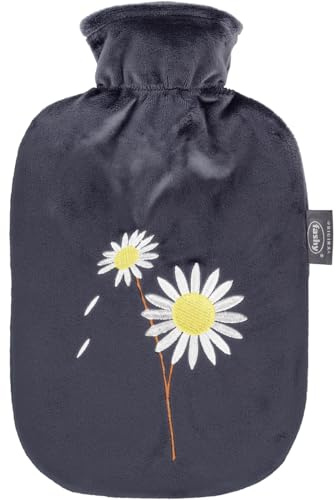 Fashy Wärmflasche 2,0 L mit Flauschbezug mit Stickerei Blumen, schwarz